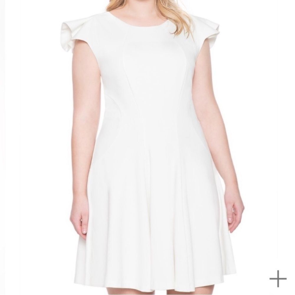 Eloquii White Ruffle Sleeve & Hem Fit & Flare Crew Neck Dress Size 14